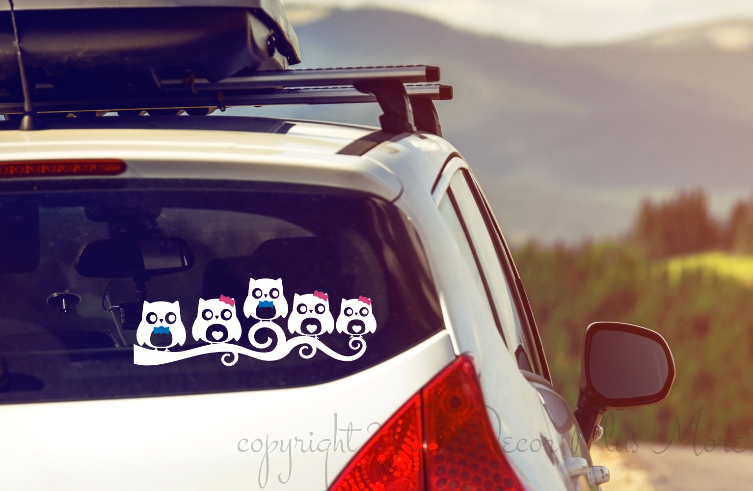 Owl Family with Blue or Pink bows for Car Window Decal