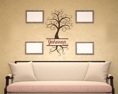 Curly Tree with Cursive Name Est Date Personalized Vinyl Wall Decals