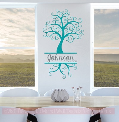 Curly Tree with Cursive Name Est Date Personalized Vinyl Wall Decals