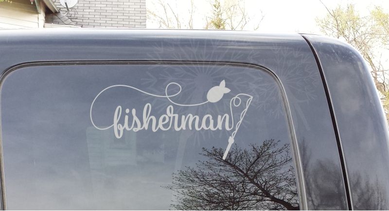 Fisherman Car Window Decals Vinyl Sticker Fishing Pole and Fish on Line