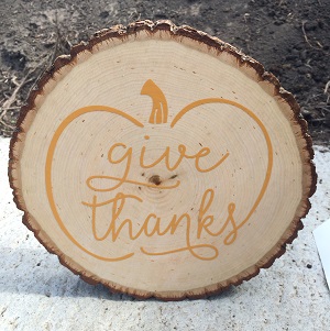 Give Thanks Vinyl Decal Sticker on Wood Log