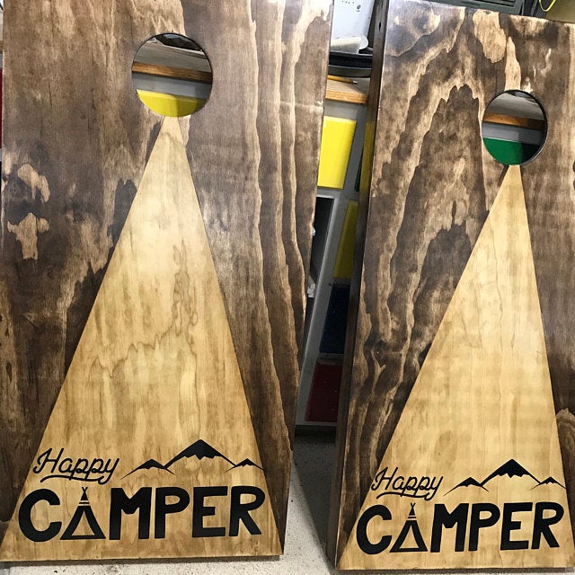 Happy Camper Cornhole Bean Bag Board Decal Stickers or Stencils for painting