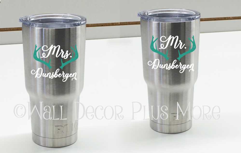 Give them a Personalized Mr. and Mrs. mug set! These decals can easily be applied to Yeti Tumblers or Coffee Mugs.