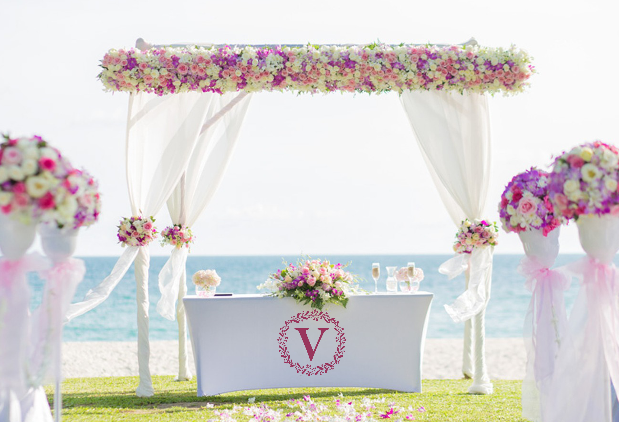 WD940 Laurel Wreath Monogram Letter Decal on table cloth beach wedding